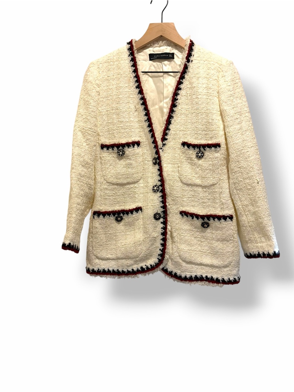 Zara Woman Tweed Blazer Size Small Ivory Boucle Jacket Fringe Trim Quiet Luxury